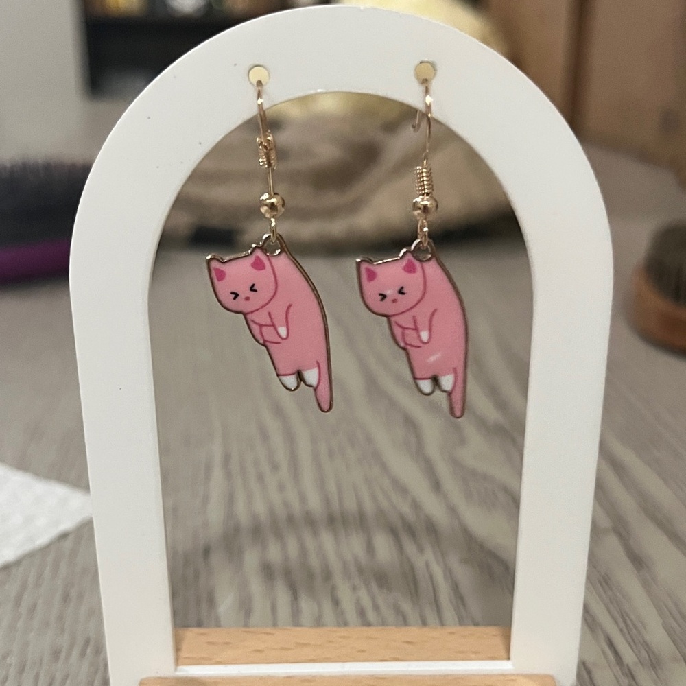 Pink Cat Drop Earrings - Cute Kitty Cat Jewelry